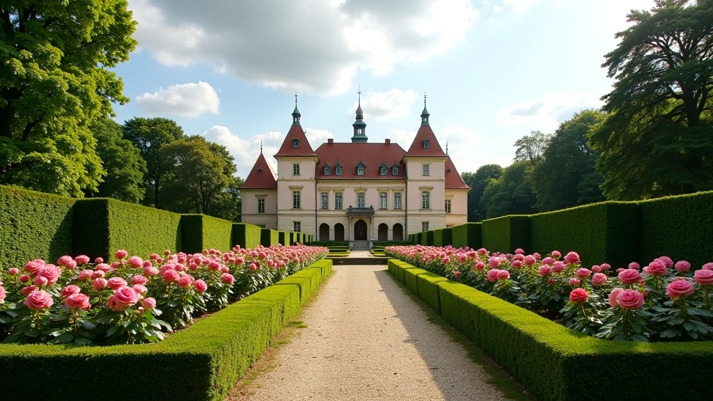 Konopišťský zámek s růžovou zahradou, letní sluneční světlo, celkový pohled na park