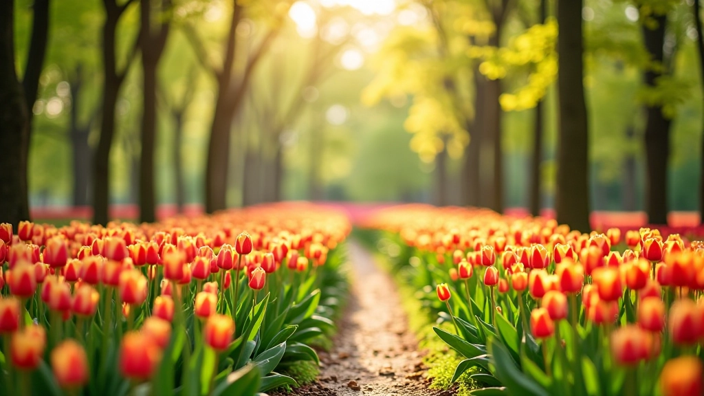 Jarní park s kvetoucími magnóliemi a tulipány, ranní světlo, ráno v parku bez lidí