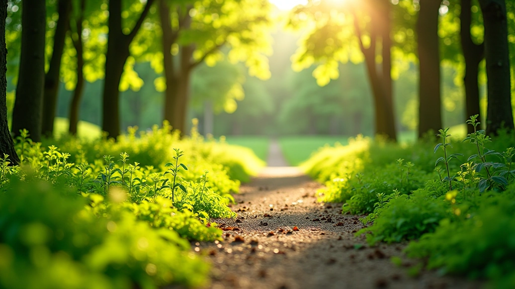 Přírodní scéna v parku s ptáky na větvích stromů a zelení vegetací, slunečný den, přirozené osvětlení